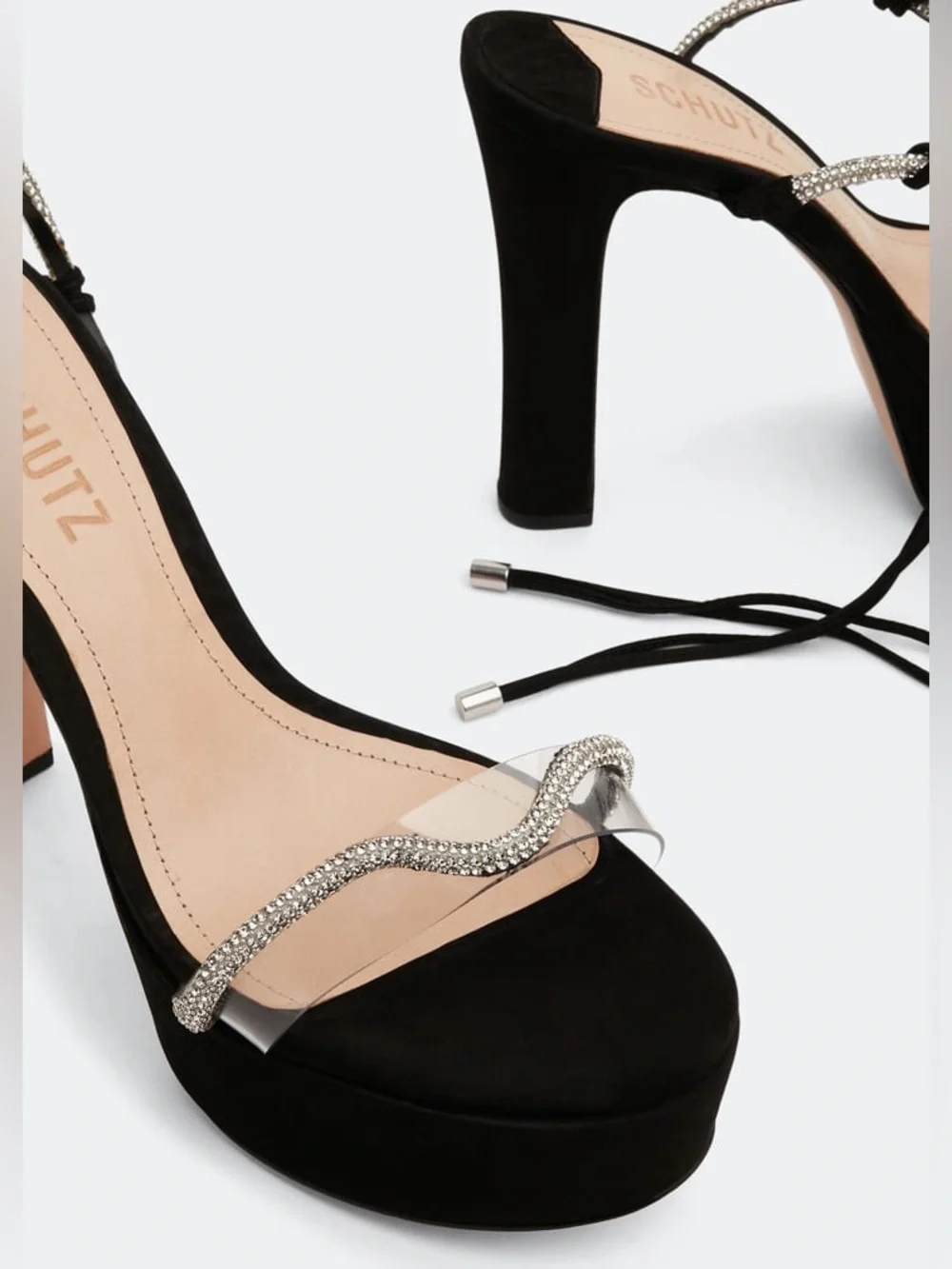 SCHUTZ Black Suede Brilliant platform sandals with Crystal and Clear Strap